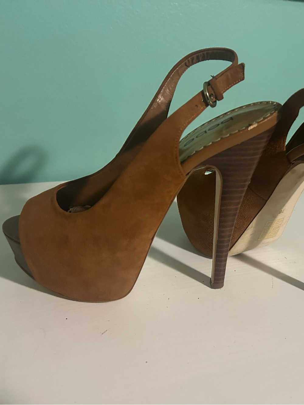 bebe Tan Suede Peep-Toe Slingback Platform Heels